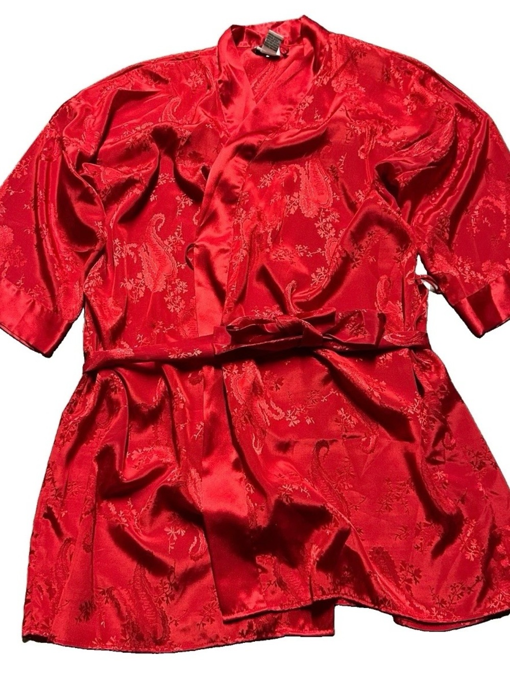 Morgan Taylor Red Satin Floral Jacquard Kimono Robe